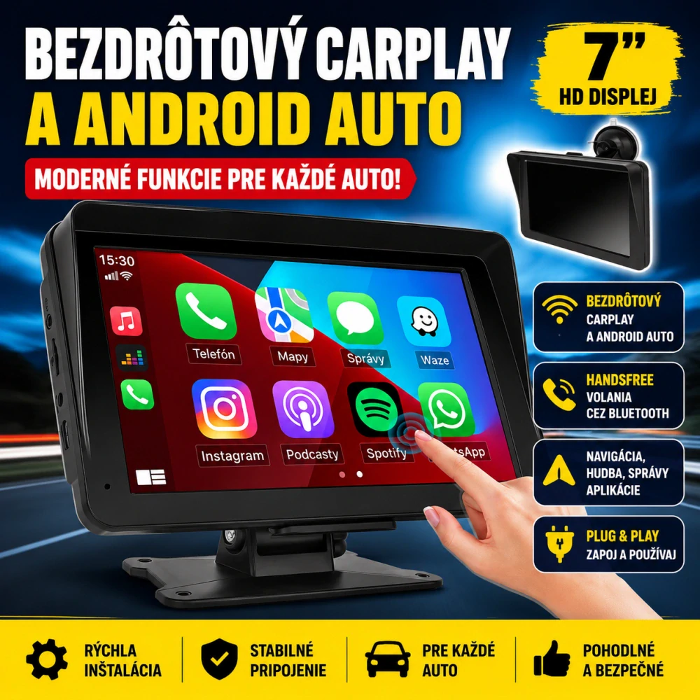 Dotykový 7" monitor do auta | CarPlay, Android Auto, Bluetooth 5.1
